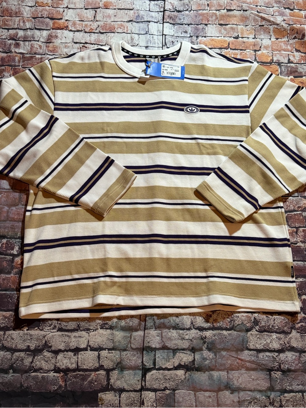 adidas Striped Crewneck Sweater - Tan, White & Navy